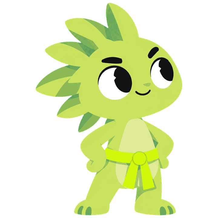 Deed, Gymdeed's mascot: a lime-green creature with a leafy crest and a belt, hands on hips